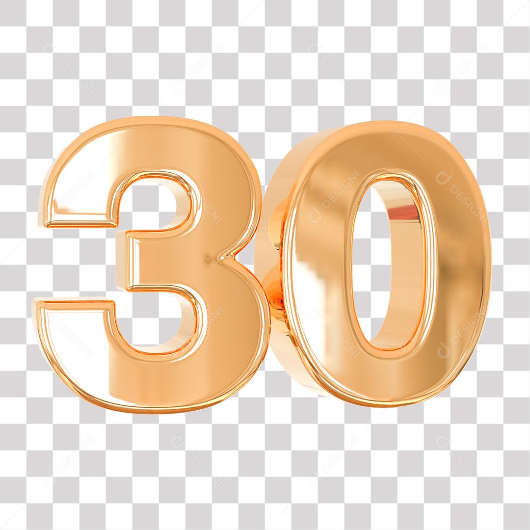 Número 3D 30 Dourado para Composição PNG Transparente Sem Fundo