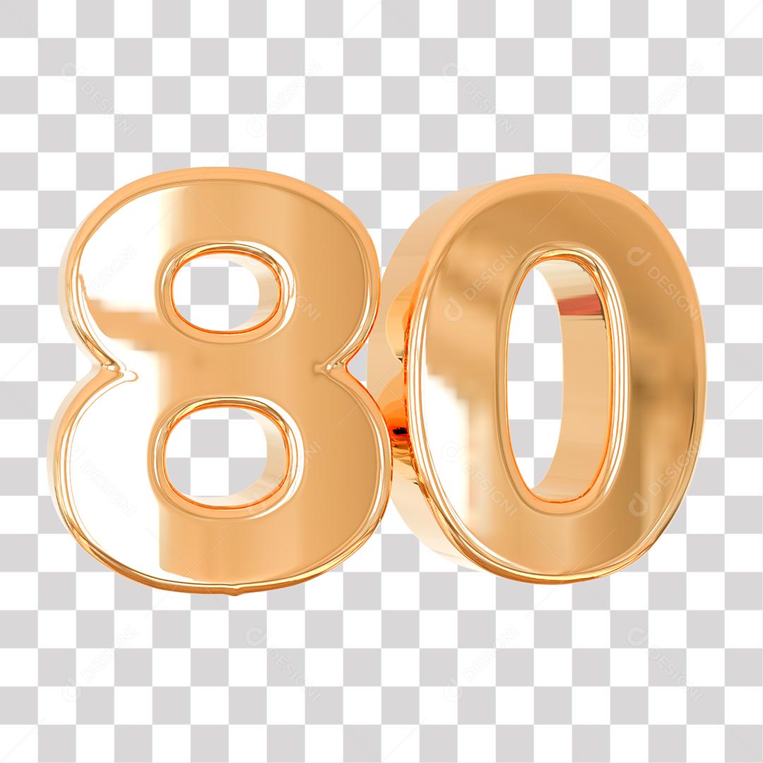 Número 3D 80 Dourado para Composição PNG Transparente Sem Fundo
