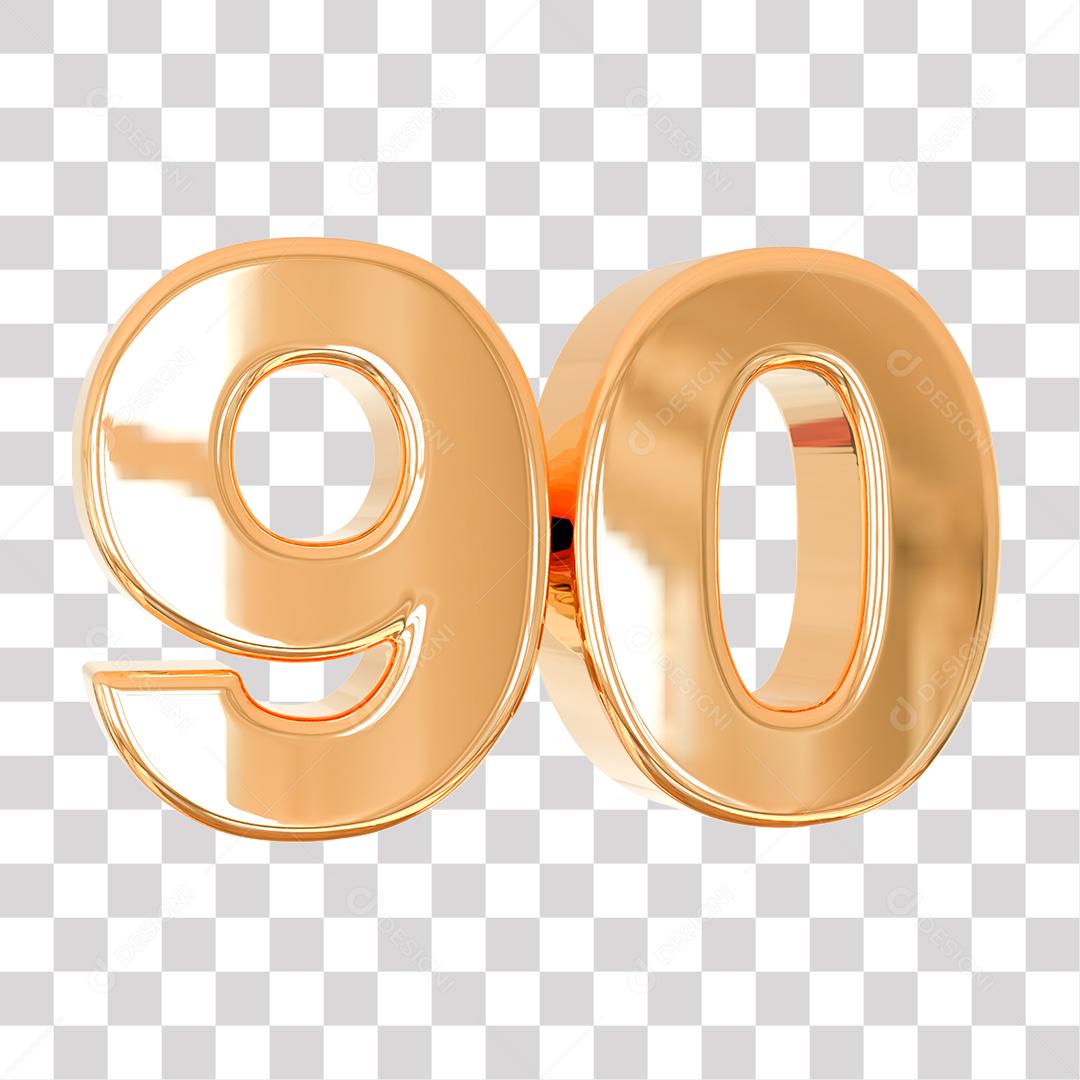 Número 3D 90 Dourado para Composição PNG Transparente Sem Fundo