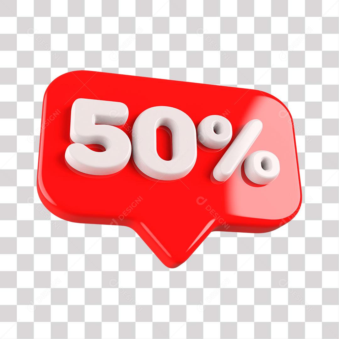 Botão Vermelho 50% por cento de Desconto Elemento 3D para Composição PNG Transparente