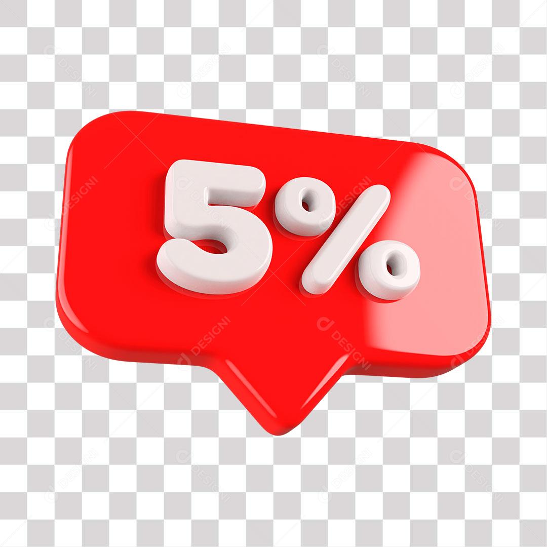 Botão Vermelho 5% por cento de Desconto Elemento 3D para Composição PNG Transparente