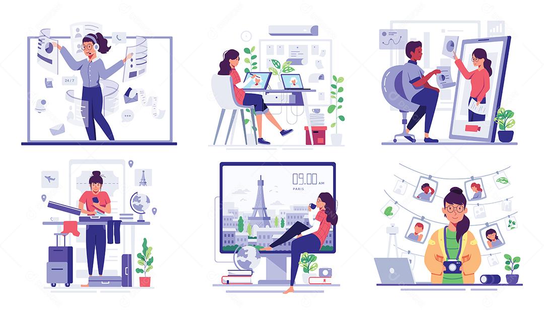 O jovem trabalhador do pacote usa computador e internet durante o trabalho em casa, rede de comunicação no estilo de personagem de desenho animado, desenho ilustração vetorial plana