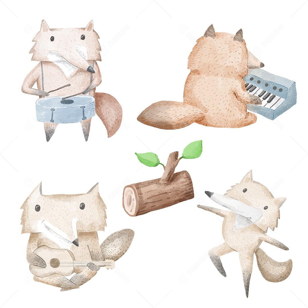 Este conjunto de animais em aquarela é composto por 4 espécies de animais, raposa, lobo.