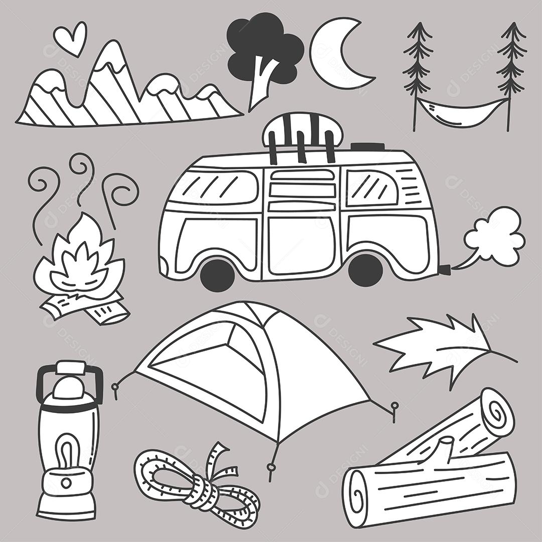 Conjunto de pacotes de viagens acampando no esboço de desenho à mão de desenhos animados de férias, ilustração vetorial plana em fundo cinza