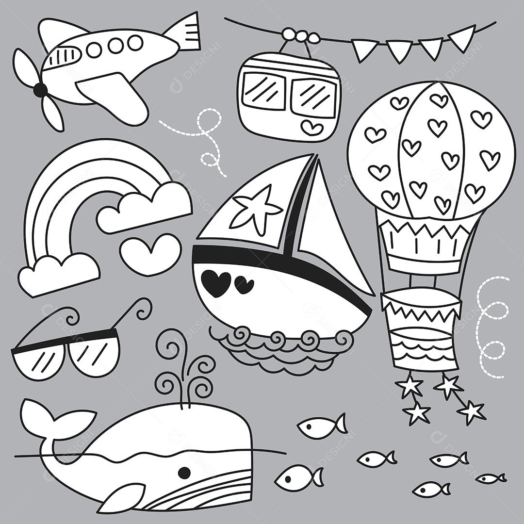 Conjunto de pacotes de acampamento de viagem em férias de verão esboço de desenho à mão, ilustração vetorial plana em fundo cinza