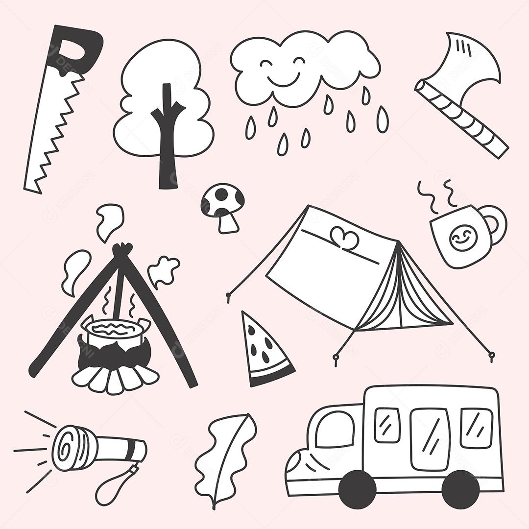 Conjunto de pacotes de viagens acampando em férias esboço de desenho à mão de desenho animado, ilustração vetorial plana em fundo rosa