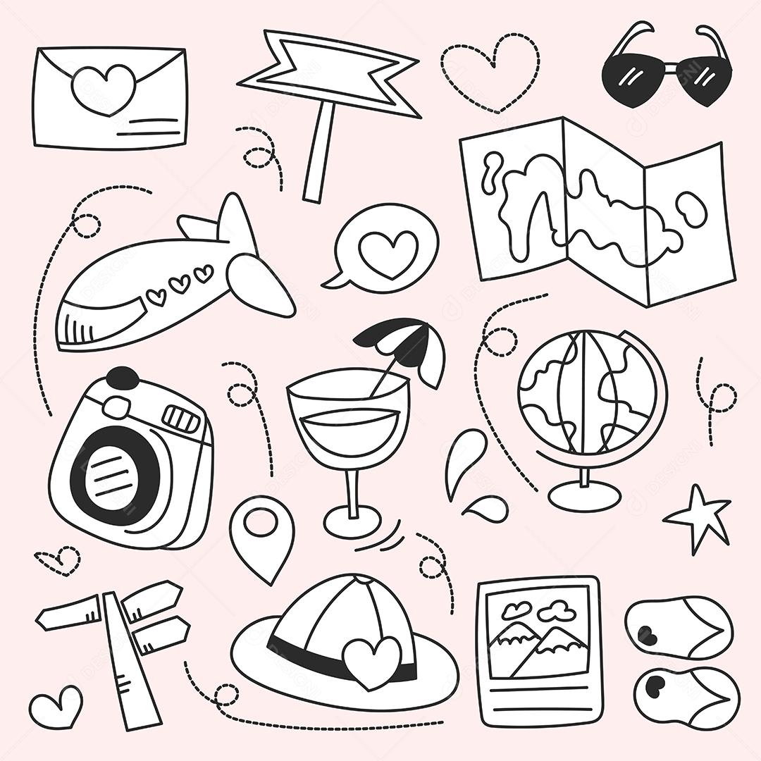 Conjunto de pacotes de viagens nas férias de verão esboço de desenho à mão, ilustração vetorial plana em fundo rosa