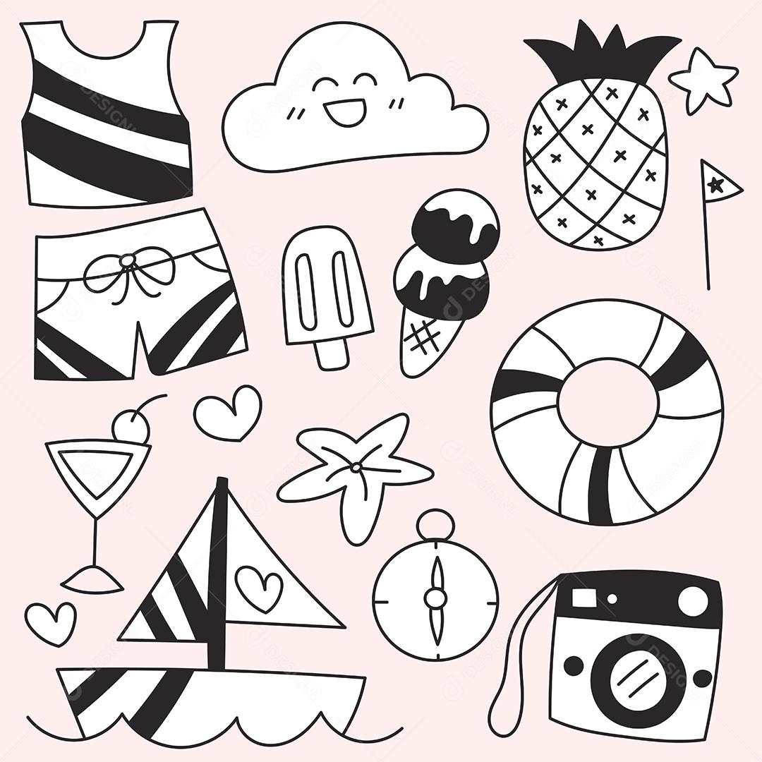Conjunto de pacotes de viagens nas férias de verão esboço de desenho à mão, ilustração vetorial plana em fundo rosa