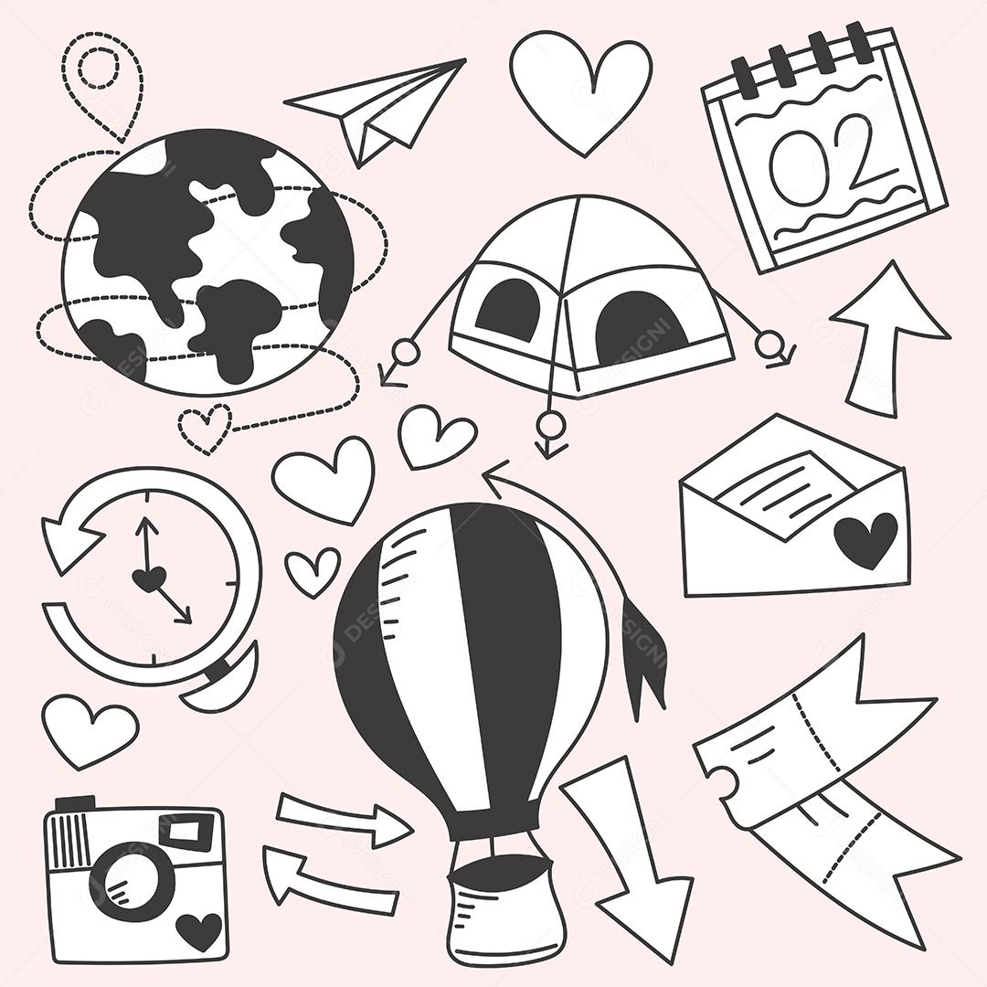 Conjunto de pacotes de viagens nas férias de verão esboço de desenho à mão, ilustração vetorial plana em fundo rosa