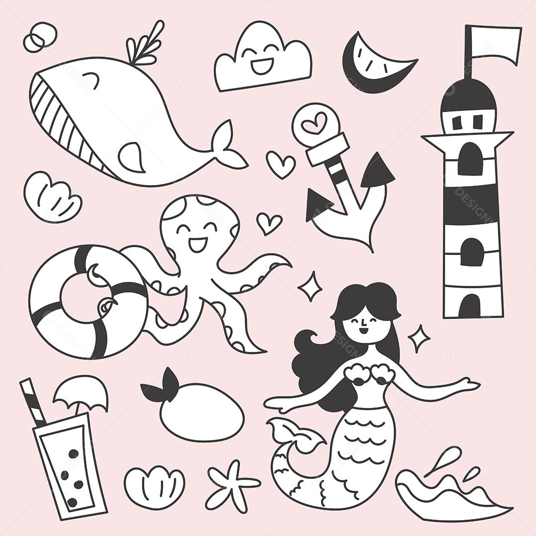 Conjunto de pacotes de viagens nas férias de verão no mar, esboço de desenho à mão dos desenhos animados, ilustração vetorial plana em fundo rosa