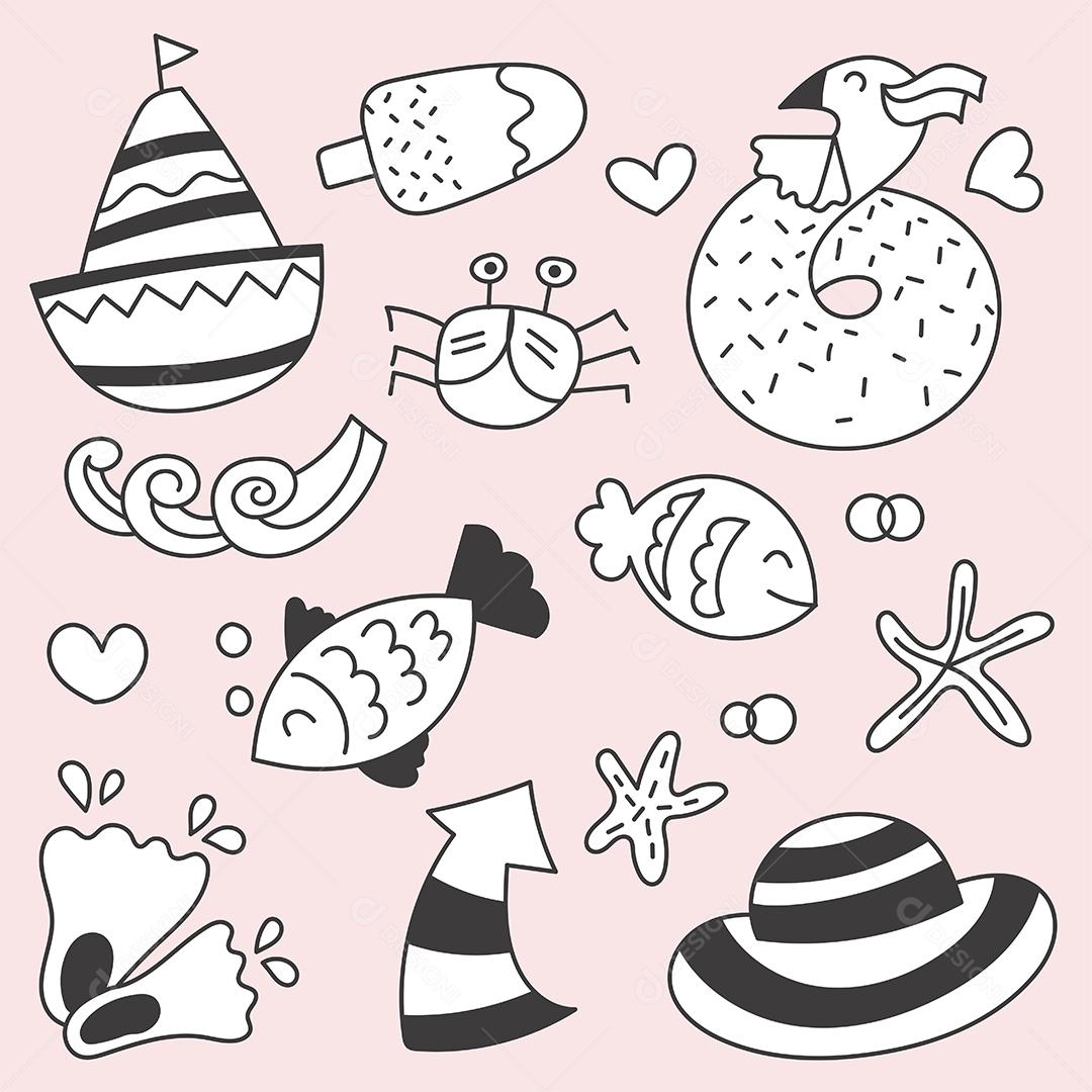 Conjunto de pacotes de viagens nas férias de verão no esboço de desenho à mão dos desenhos animados de praia, ilustração vetorial plana em fundo rosa