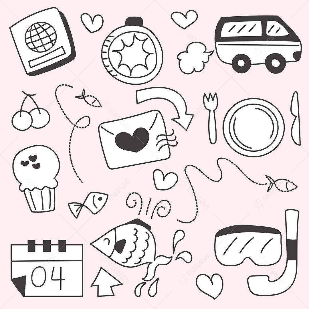 Conjunto de pacotes de viagens nas férias de verão no mar, desenho à mão, ilustração vetorial plana em fundo rosa