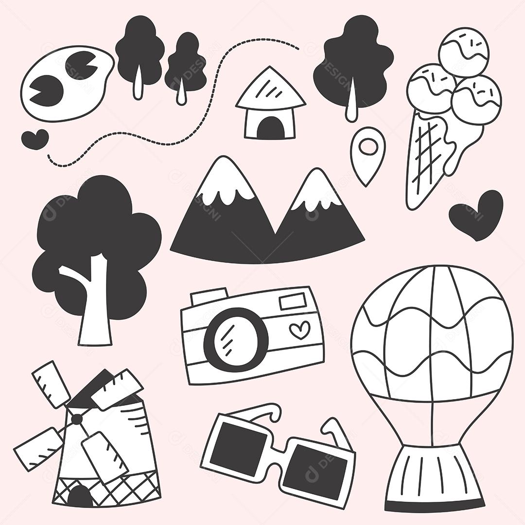 Conjunto de pacotes de viagens nas férias de verão esboço de desenho à mão, ilustração vetorial plana em fundo rosa