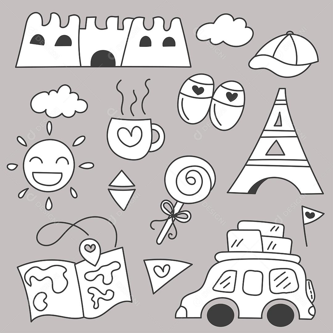 Conjunto de pacotes de viagens nos feriados, esboço de desenho à mão, ilustração vetorial plana em fundo cinza