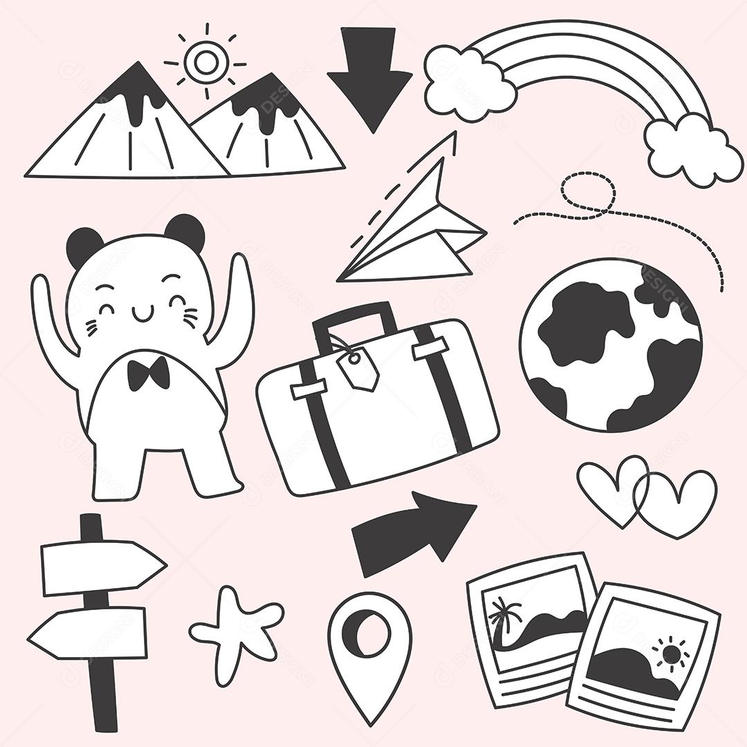 Conjunto de pacotes de viagens nas férias de verão esboço de desenho à mão, ilustração vetorial plana em fundo rosa