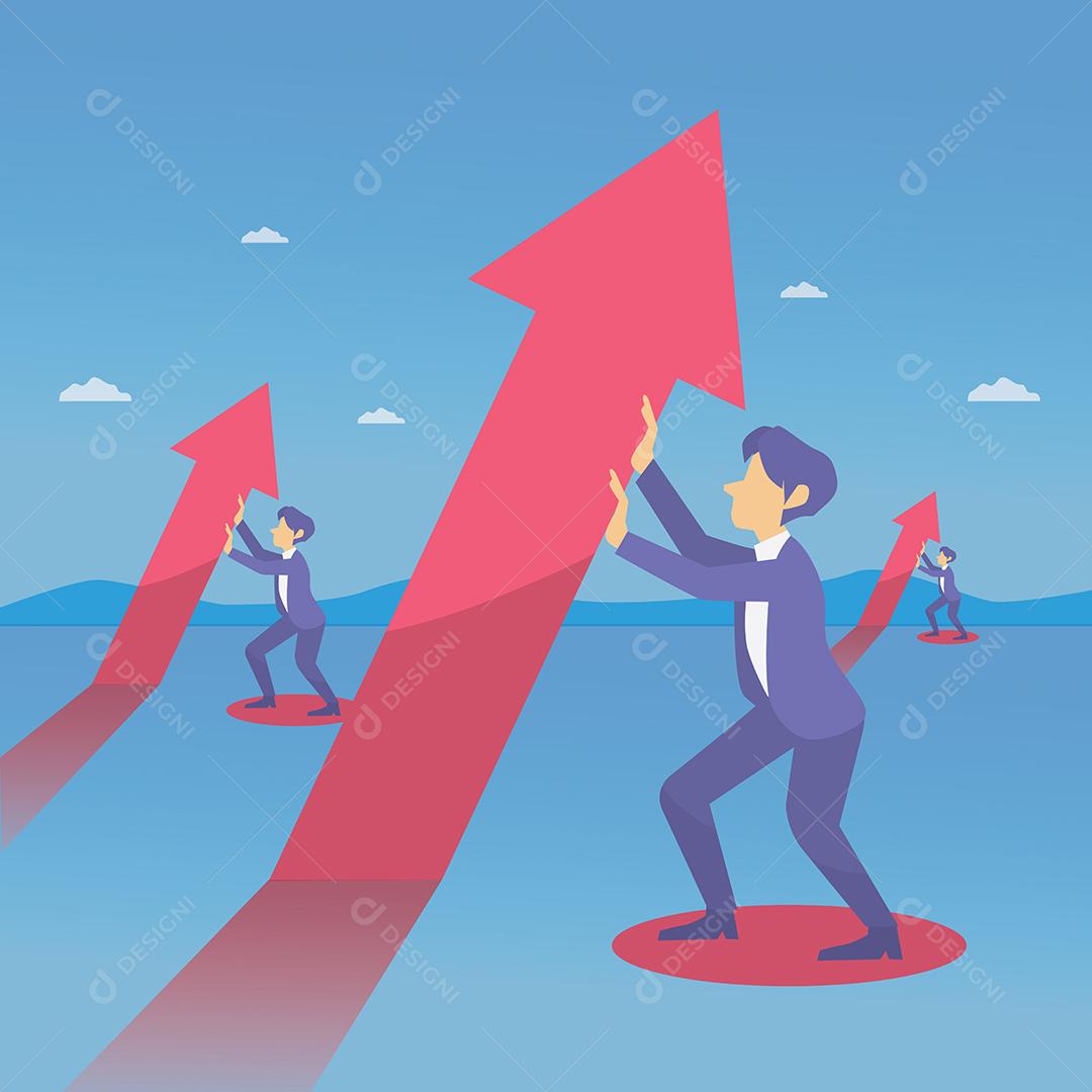 Resumo empresário fica segurando a seta como símbolo de realização e sucesso. Ilustração em vetor plana de conceito de negócio