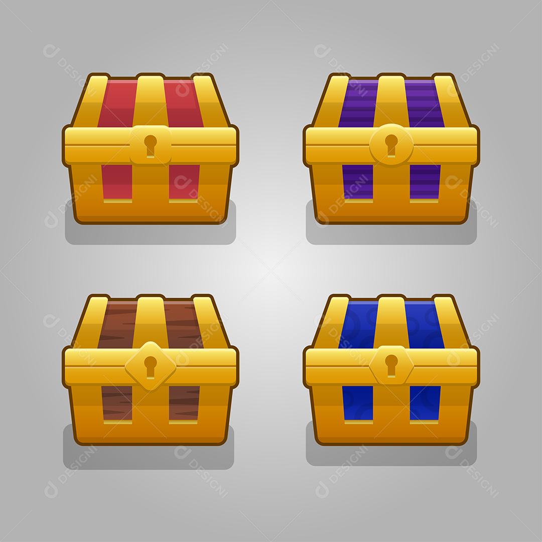 Definir baús fechados de desenhos animados de madeira decorados com prata para jogo de computador, ilustração vetorial isolada em fundo macio