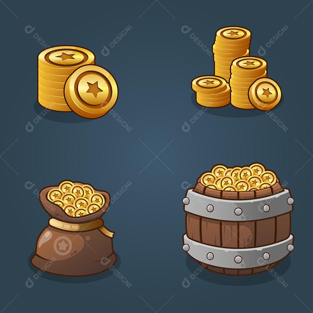 Conjunto de pilhas de moedas de recursos do jogo, cheias de saco e cheias de baldes de madeira em fundo escuro, ilustração vetorial