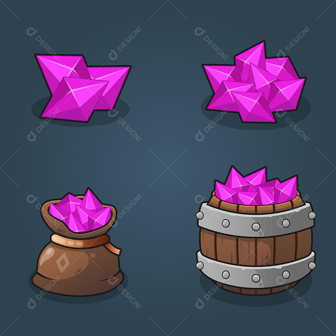 Conjunto de pilhas de recompensas de cristais de recursos do jogo, cheias no saco e cheias de baldes de madeira em fundo escuro, ilustração vetorial