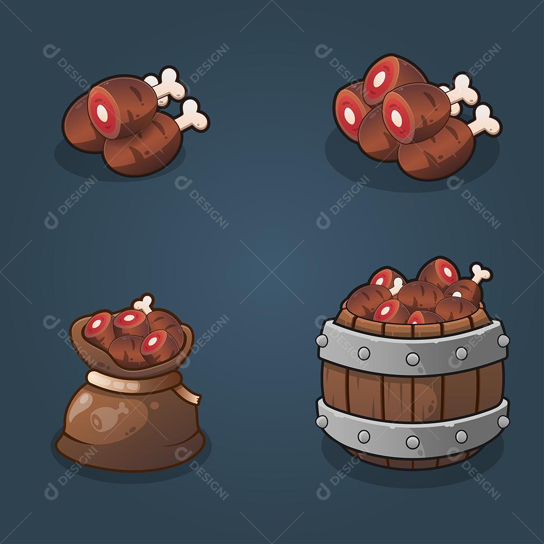 Conjunto de pilhas de recompensas de alimentos de recursos do jogo, cheias de saco e cheias de baldes de madeira em fundo escuro, ilustração vetorial