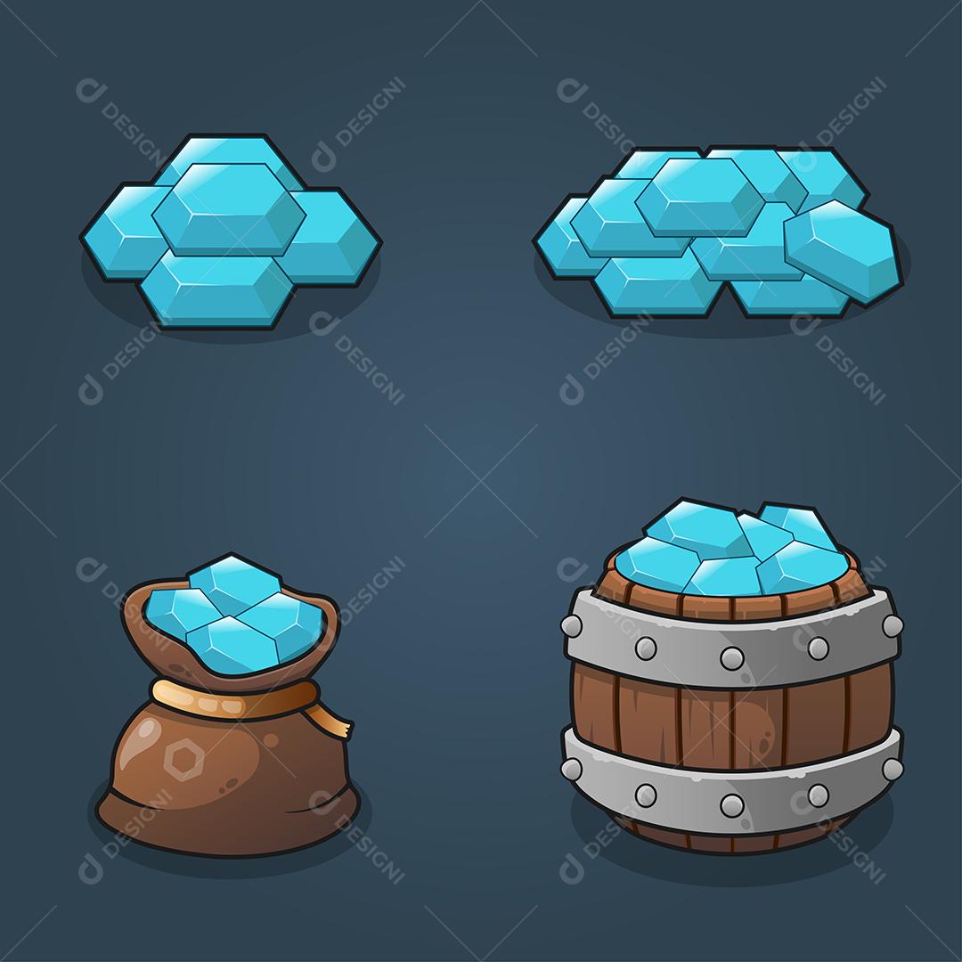 Conjunto de pilhas de recompensas de cristais de recursos do jogo, cheias no saco e cheias de baldes de madeira em fundo escuro, ilustração vetorial