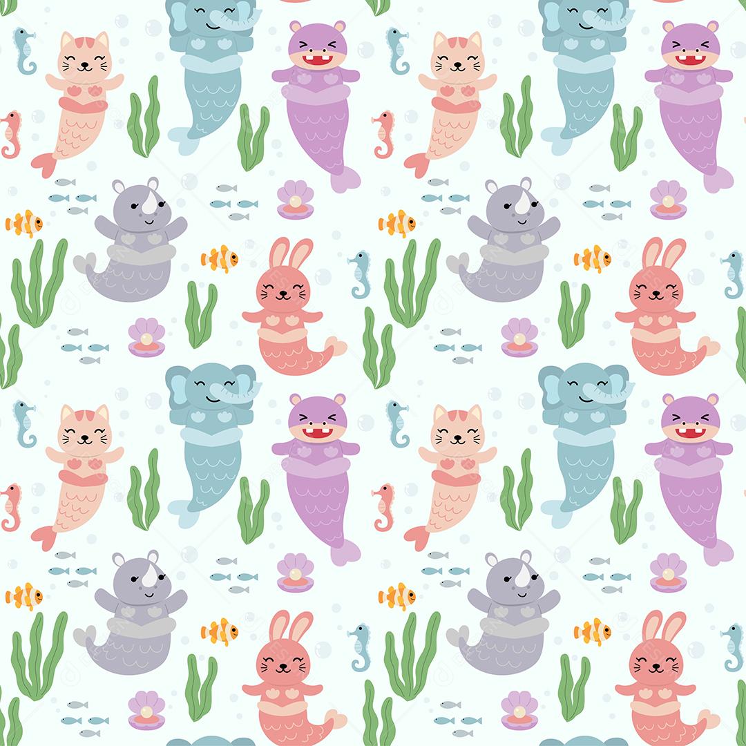 padrão perfeito de animal engraçado com cauda de sereia no fundo do mar, ilustração vetorial plana de personagem de desenho animado