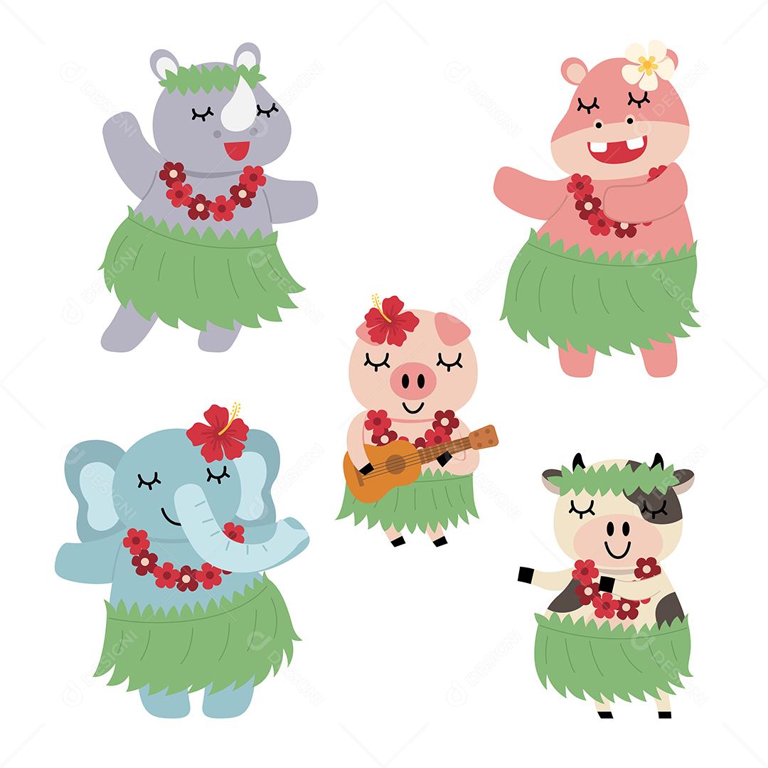 Conjunto de pacotes de personagens engraçados de desenhos animados de animais do Havaí, desenho de ilustração vetorial plana de estilo de design