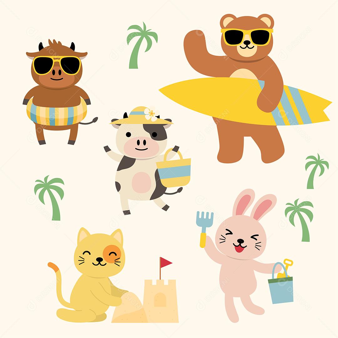 Conjunto de pacotes de personagens engraçados de desenhos animados de animais do Havaí, desenho de ilustração vetorial plana de estilo de design
