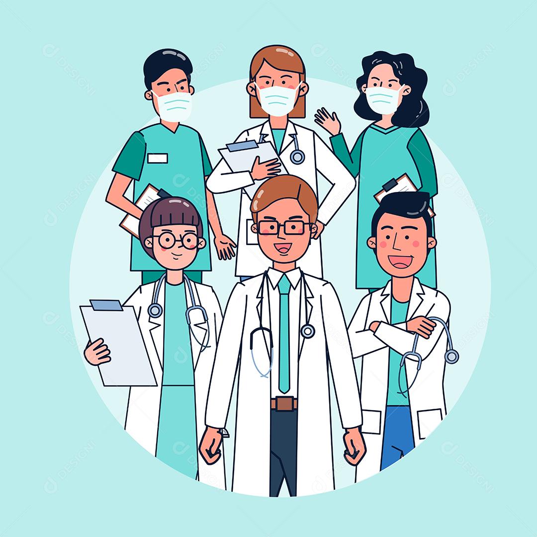 The hospital scene features a team of treating doctors. flat illustration vector design