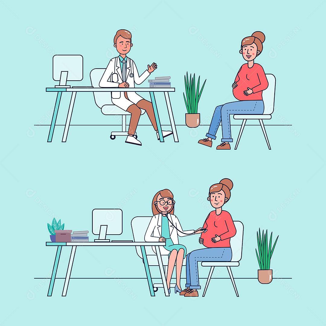 Cena do hospital, obstetra examinando a gravidez da paciente. design de vetor de ilustração plana