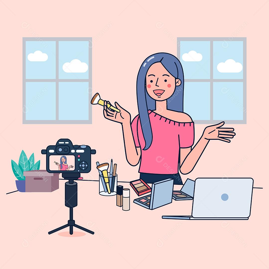 Mulheres jovens vendem cosméticos por meio de canais de mídia social para renda extra. Usando uma câmera para transmitir vídeo. design de vetor de ilustração plana