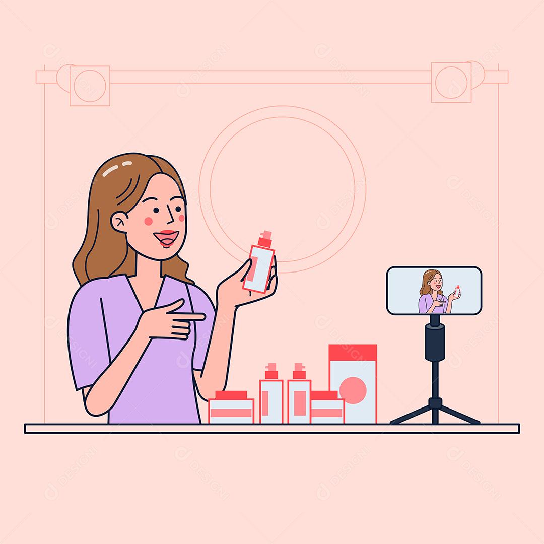 Mulheres jovens vendem cosméticos por meio de canais de mídia social para renda extra. Usando uma câmera para transmitir vídeo. design de vetor de ilustração plana