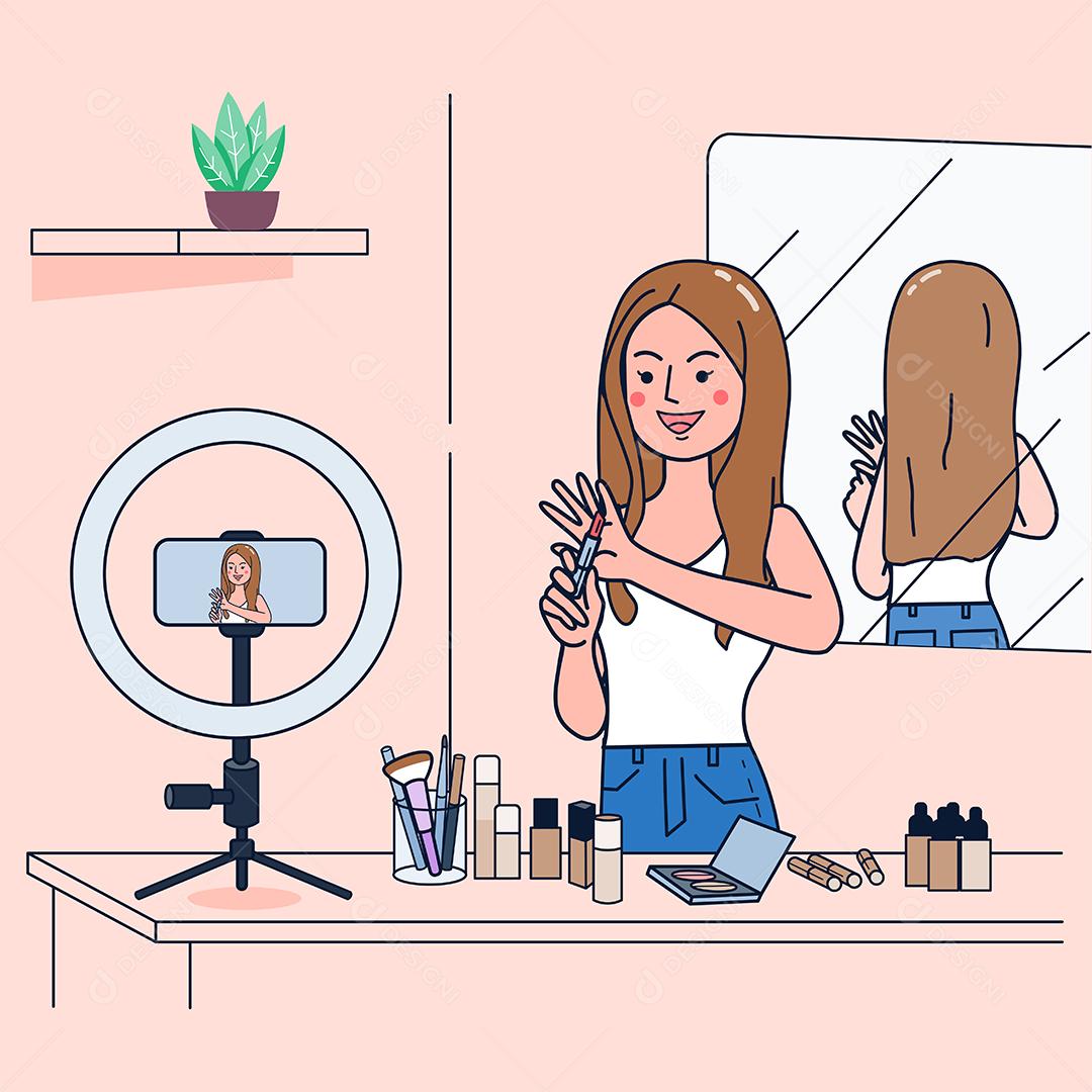 Mulheres jovens vendem cosméticos por meio de canais de mídia social para renda extra. Usando uma câmera para transmitir vídeo. design de vetor de ilustração plana