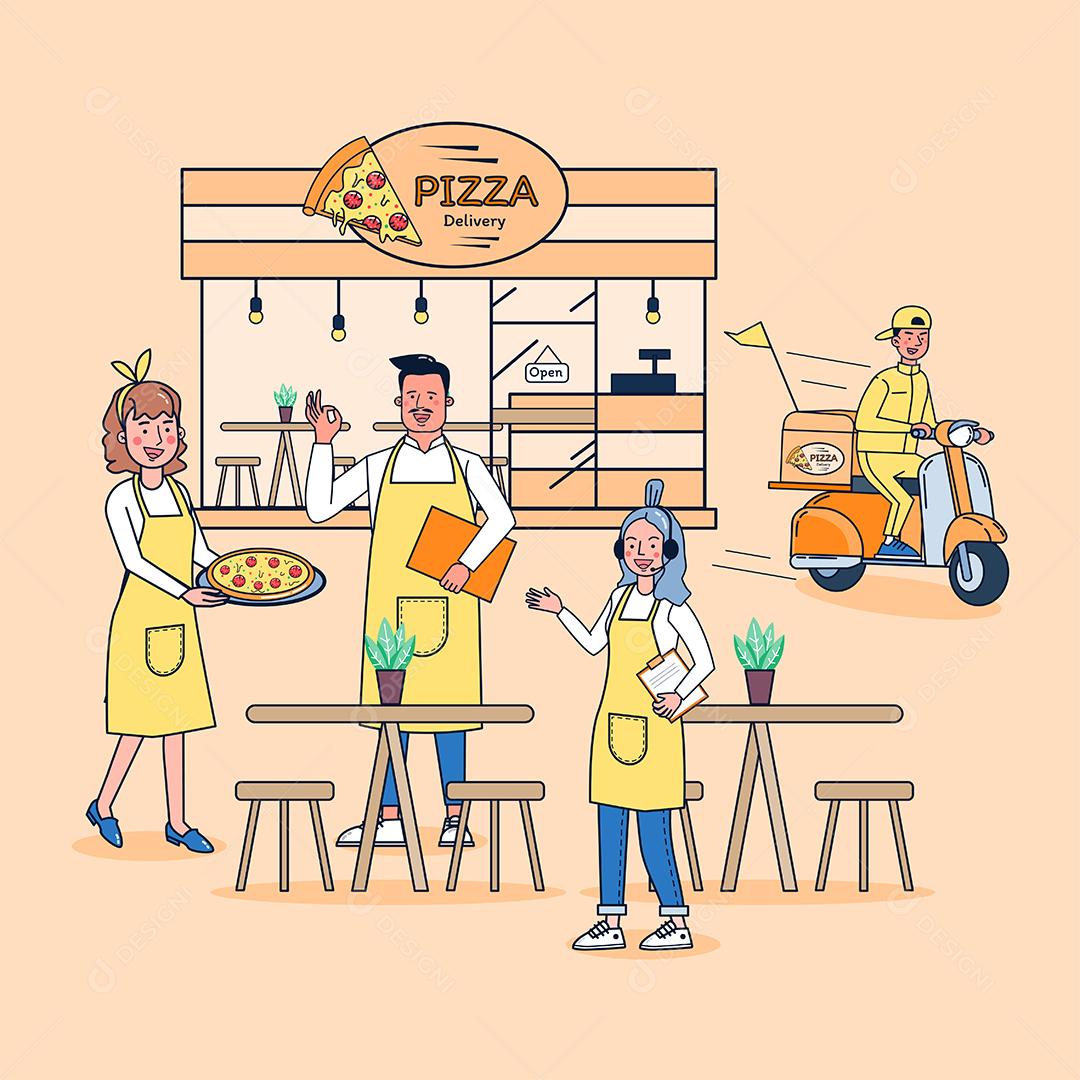 Serviço de correio de fastfood. Edifício do restaurante de pizza. Mestre recebendo pedido de pizzaria. Entregador na scooter. design de vetor de ilustração plana
