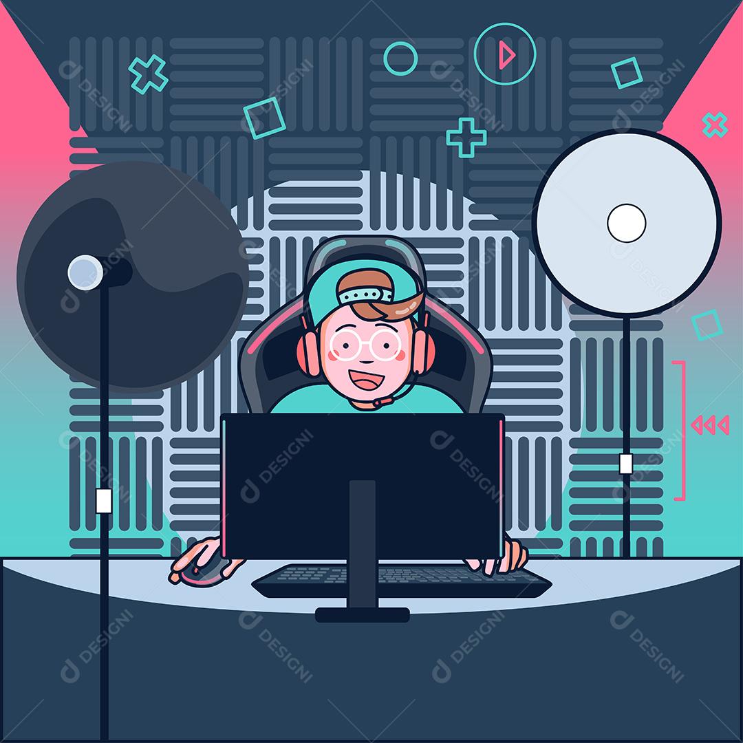 Os blogueiros jogam jogos ao vivo em seus canais em uma audiência mundial. Os blogueiros de jogos são muito populares entre os jogadores. design de ilustração vetorial plana