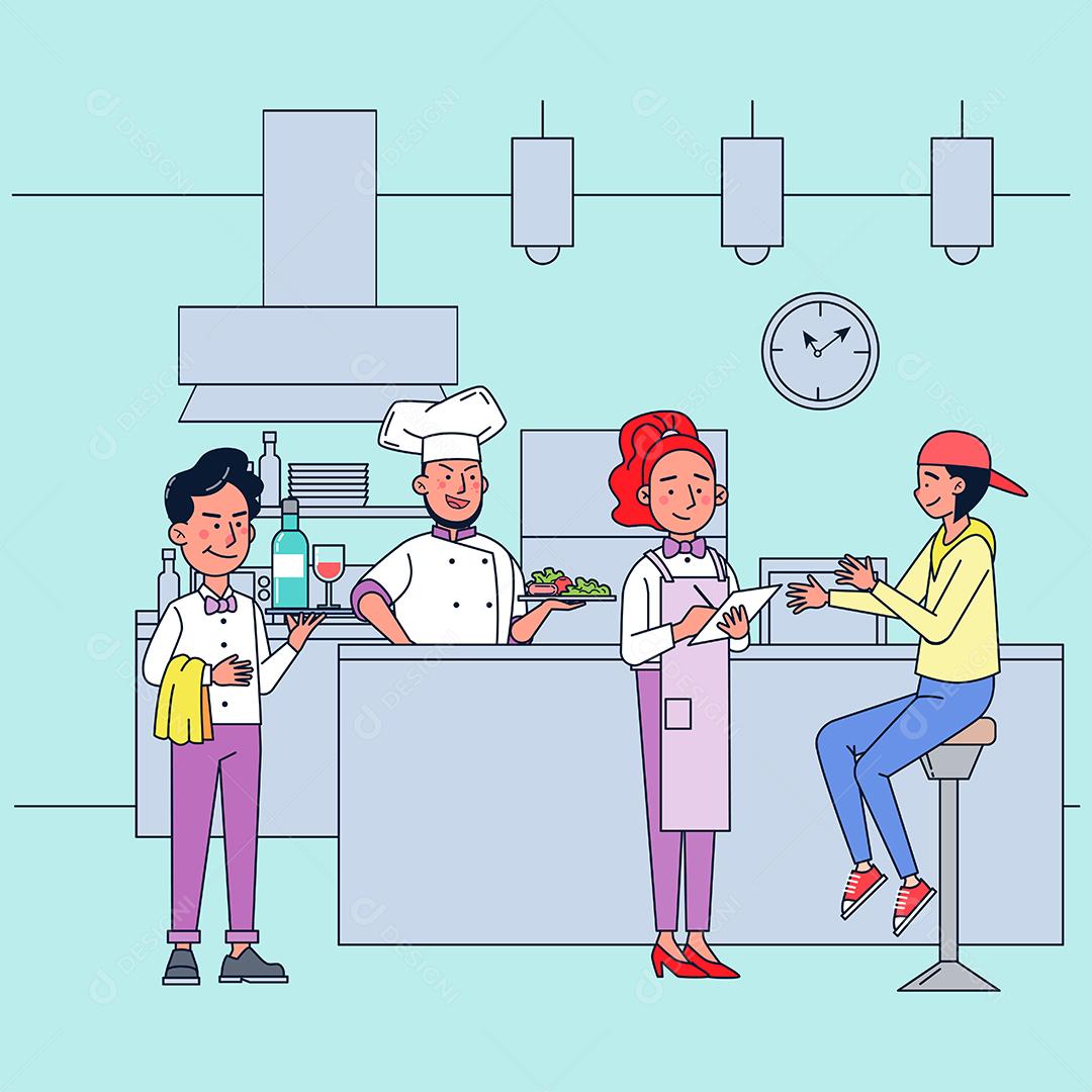 O restaurante tem chefs qualificados e o negócio cresce. Há muitos clientes regulares vindo para o jantar. design plano de ilustração vetorial