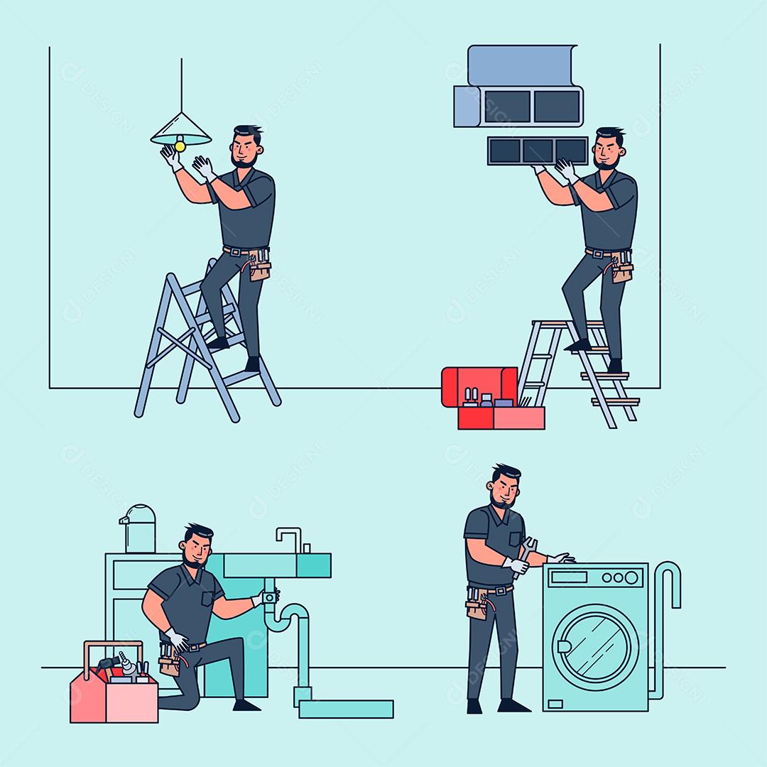 Técnicos profissionais para reparar e resolver vários problemas de equipamentos em casa, como vazamento de água