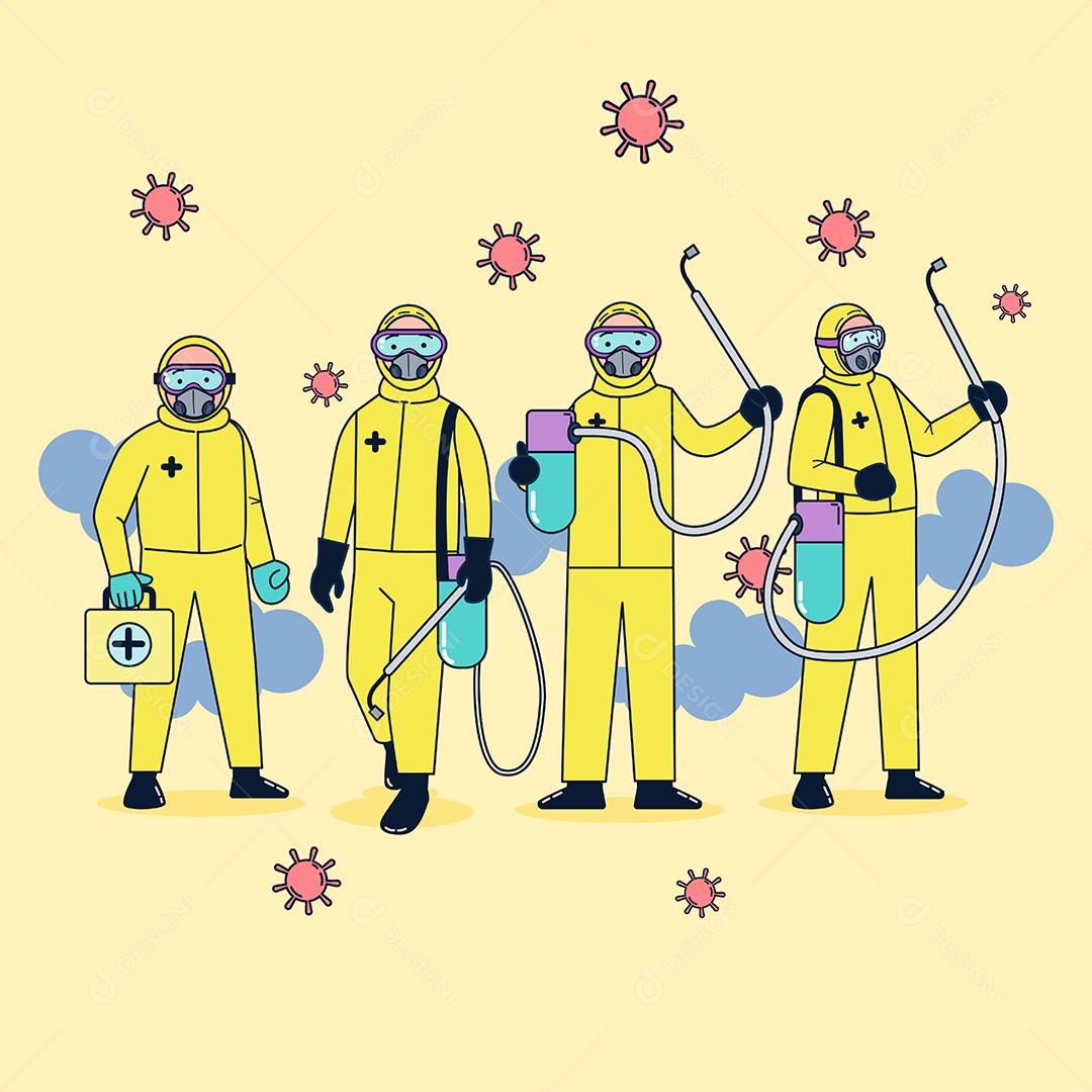 A unidade médica, vestindo roupas resistentes a germes, pulverizou um desinfetante para o coronavírus diante de uma grande epidemia. design de vetor de ilustração plana