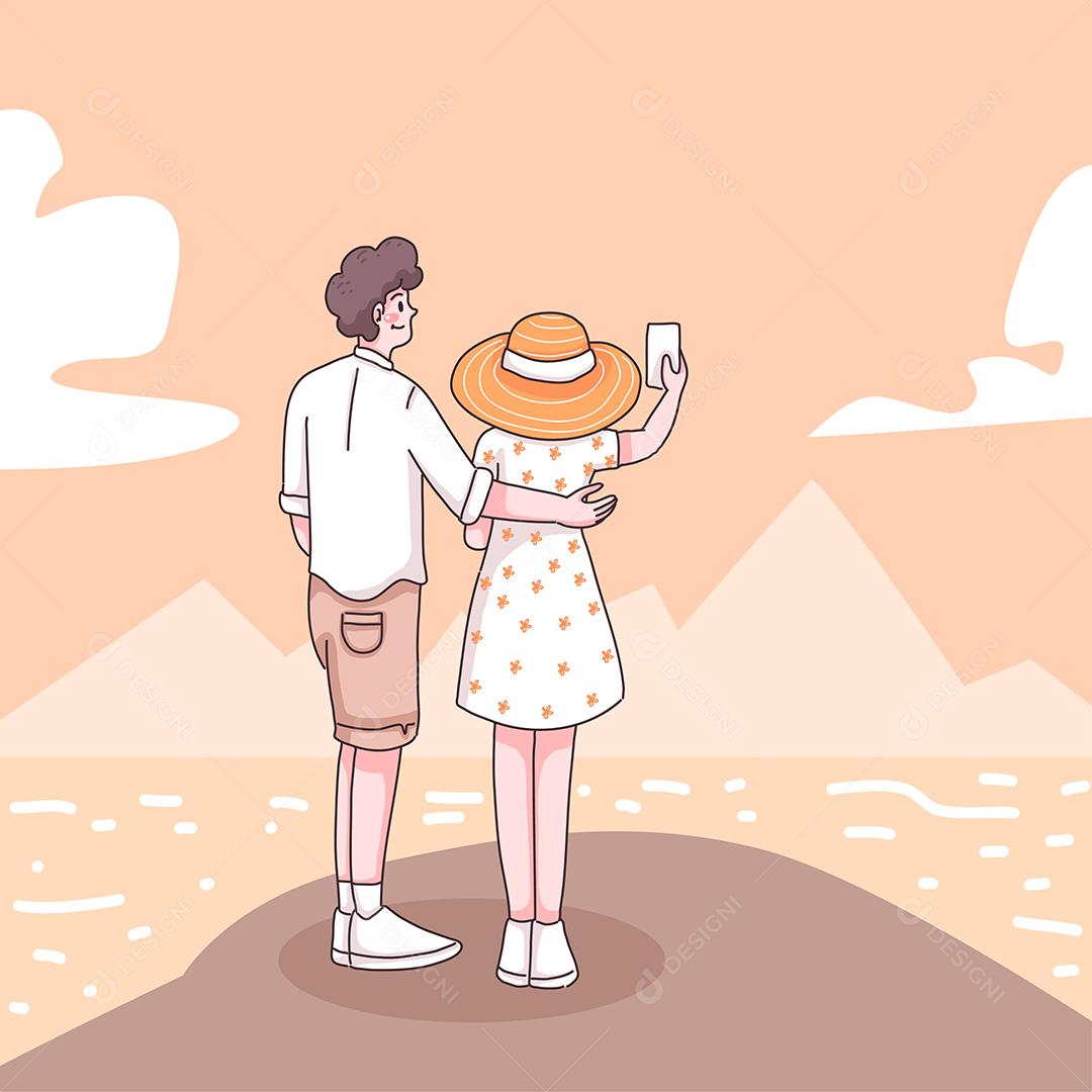 Jovem casal abstrato selfie juntos na praia em personagem de desenho animado, ilustração vetorial plana