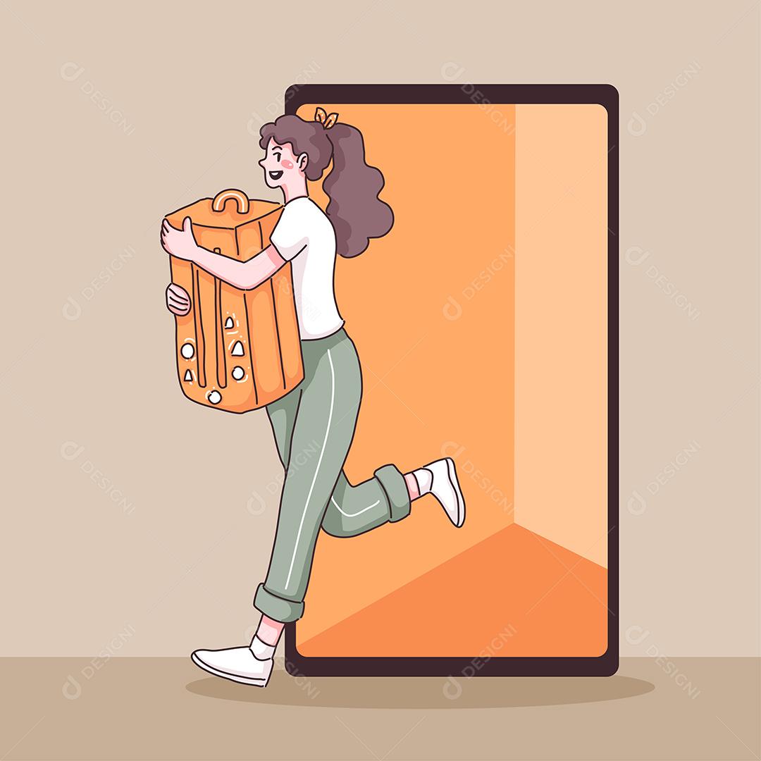 A adolescente abstrata e a mala saem do celular para viajar em personagem de desenho animado, ilustração vetorial plana