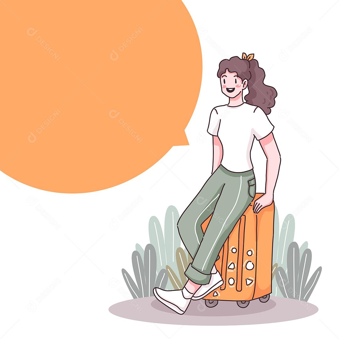 Mulher adolescente abstrata sentada na mala com discurso em branco, bolha no personagem de desenho animado, ilustração vetorial plana