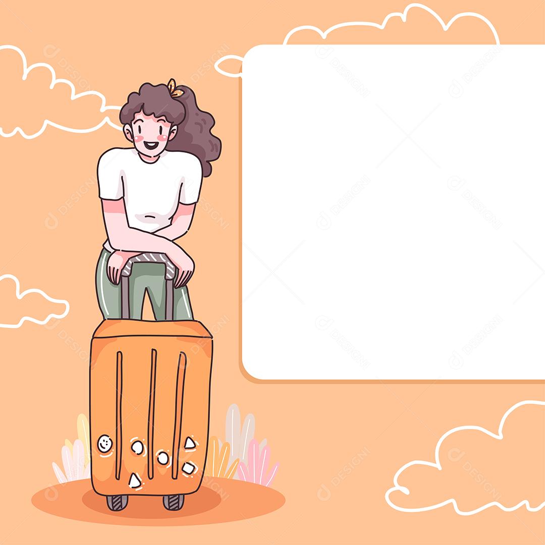 Mulher adolescente abstrata sentada na mala com discurso em branco, bolha no personagem de desenho animado, ilustração vetorial plana