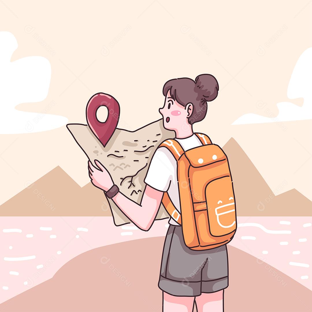 Localização do ponto de verificação da mochila do jovem viajante no mapa, ilustração vetorial plana de personagem de desenho animado