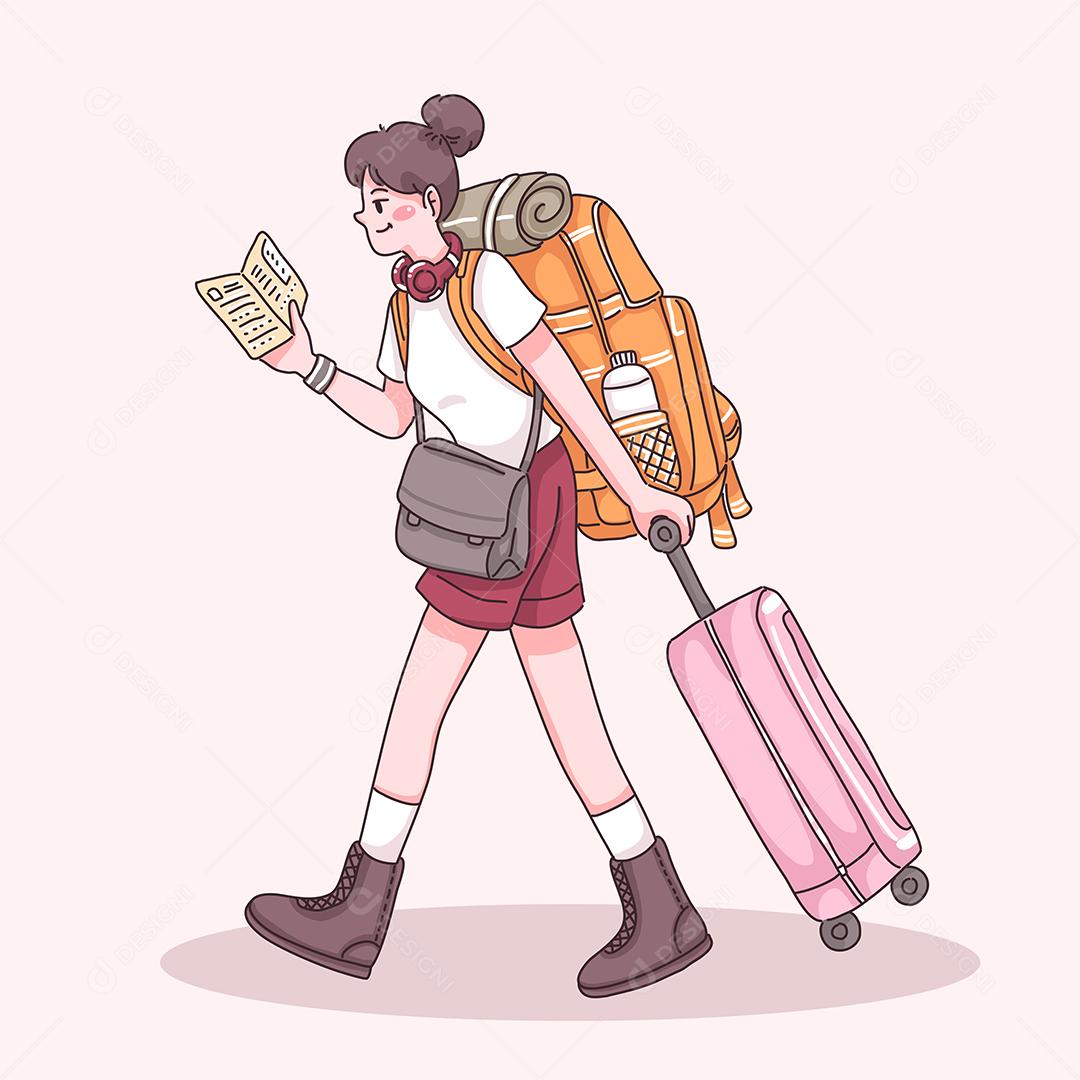 Mulher jovem viajante com mochila e mala arrastando durante a leitura do guia do mapa em personagem de desenho animado, ilustração vetorial plana