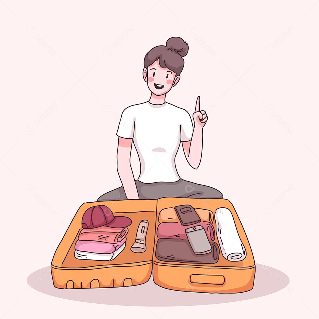jovem fazendo uma mala prepare-se para viajar de férias em personagem de desenho animado, ilustração vetorial plana