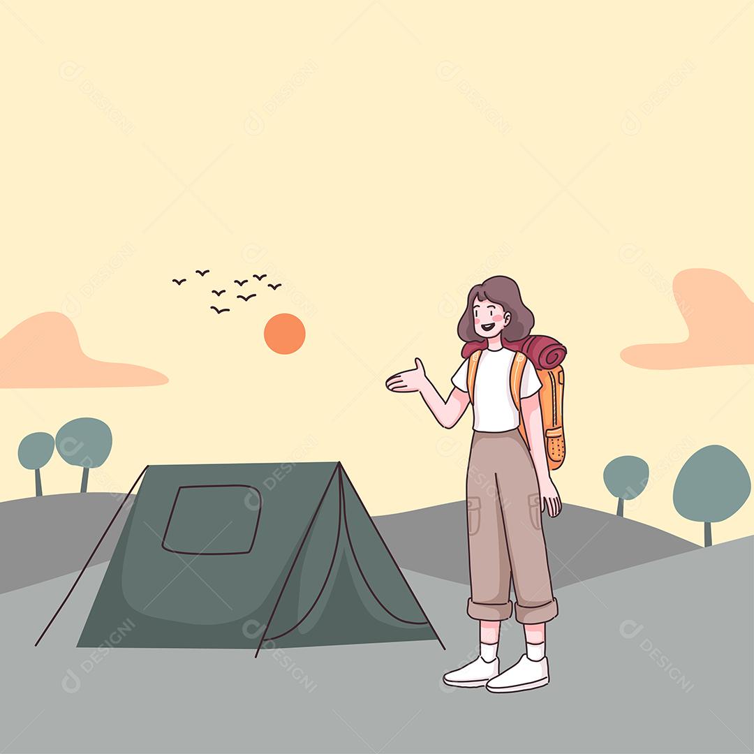 Jovem mochileiro preparando tenda para acampar na floresta natural em personagem de desenho animado, ilustração vetorial plana