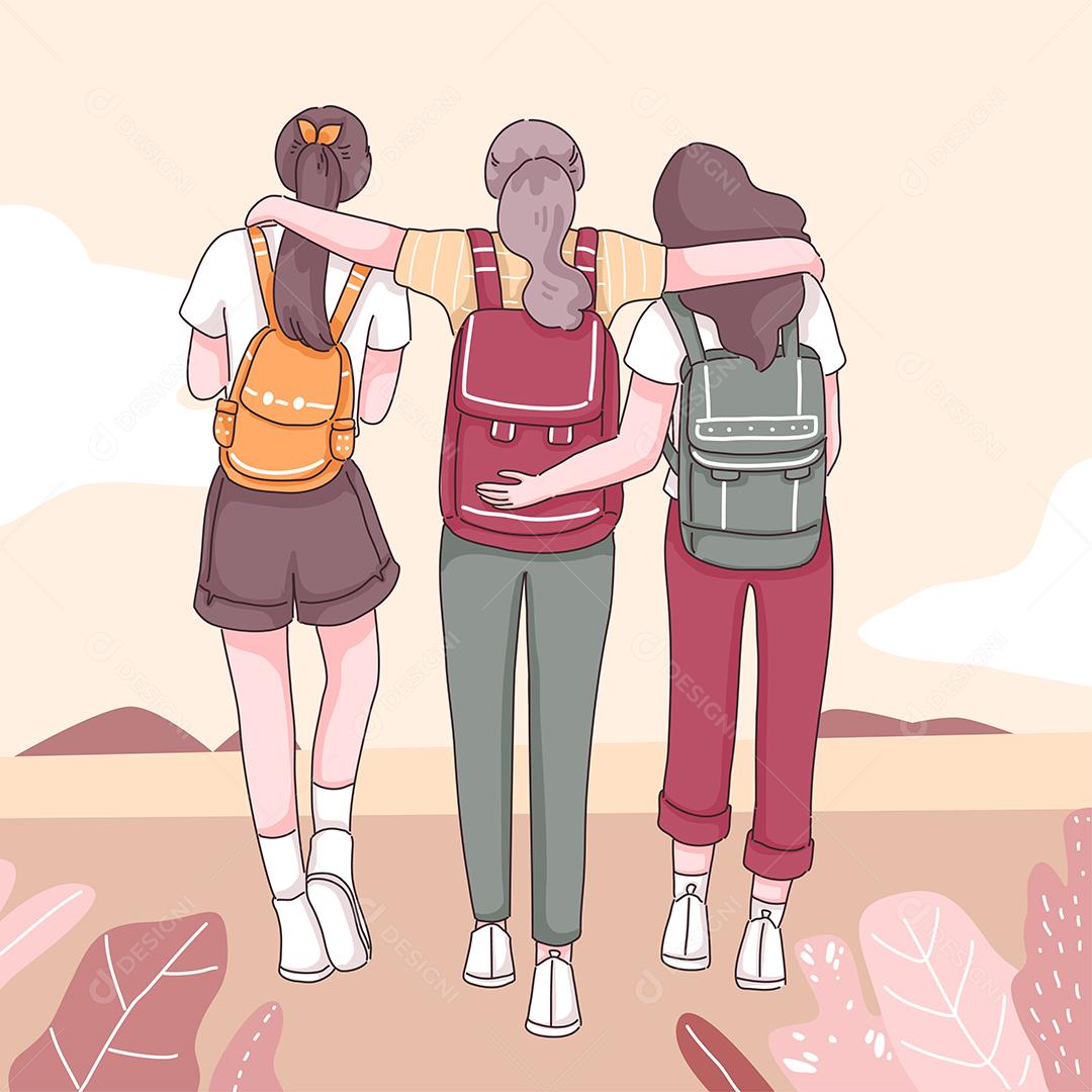 rear view of three girls with backpack walking in nature, cartoon character, flat vector illustration