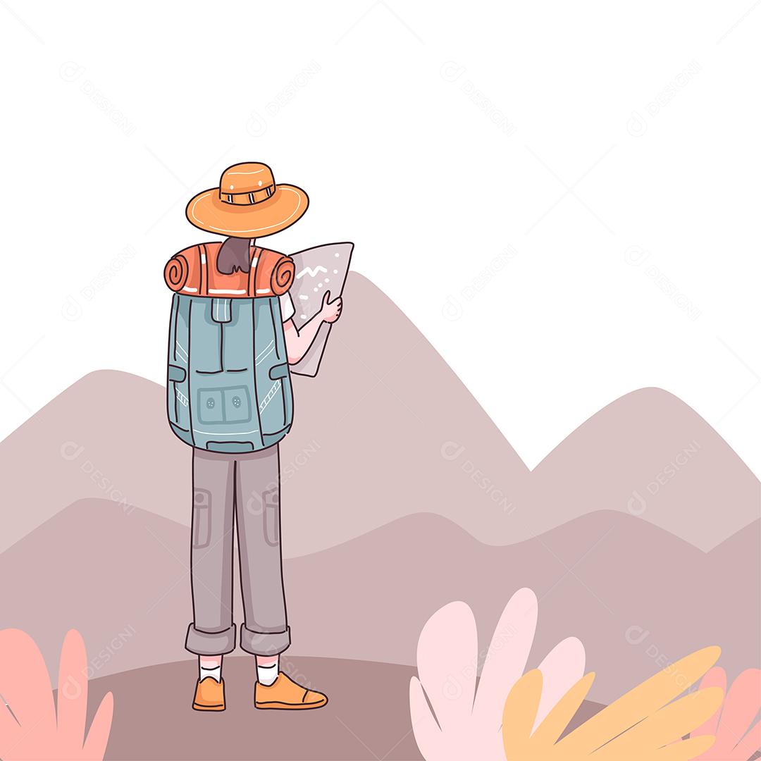 A parte de trás da aventura feminina com mapa de verificação de mochila para caminhadas e escaladas em personagem de desenho animado, ilustração vetorial plana