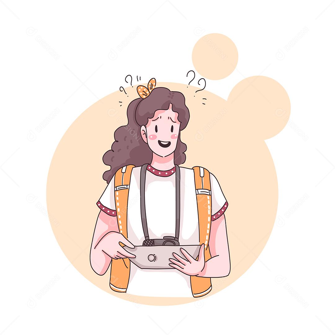 Mulher adolescente viajante com câmera, ela se sente animada durante o mapa de verificação no personagem de desenho animado, ilustração vetorial plana