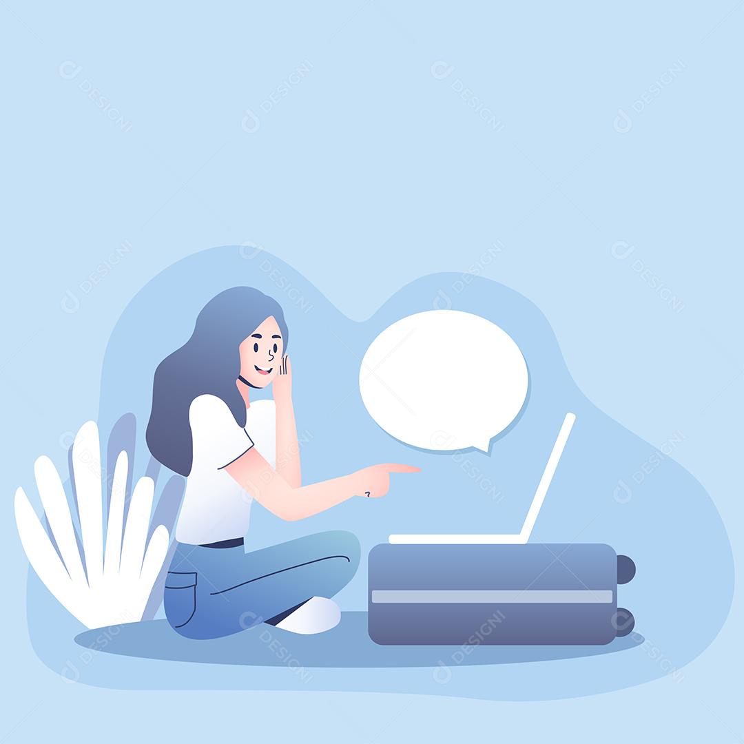Resumo Viajante alegre adolescente usa laptop na mala durante o bate-papo em personagem de desenho animado, ilustração vetorial plana